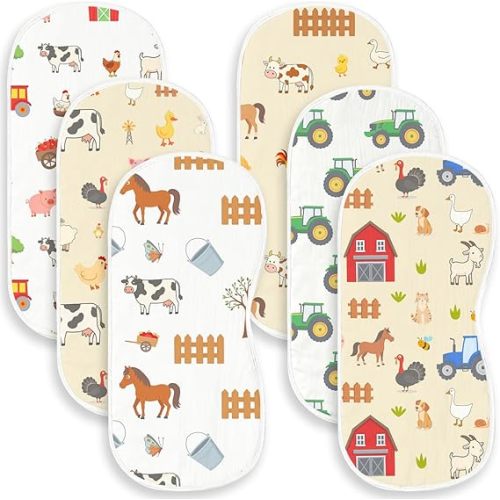6 Pack Baby Burp Cloths for Girls, Pink Farm Animal Theme Large Cotton Absorbent Burping Rags for Newborn, Soft Contoured Spit Up Cloths with Barn Tractor Print, Western