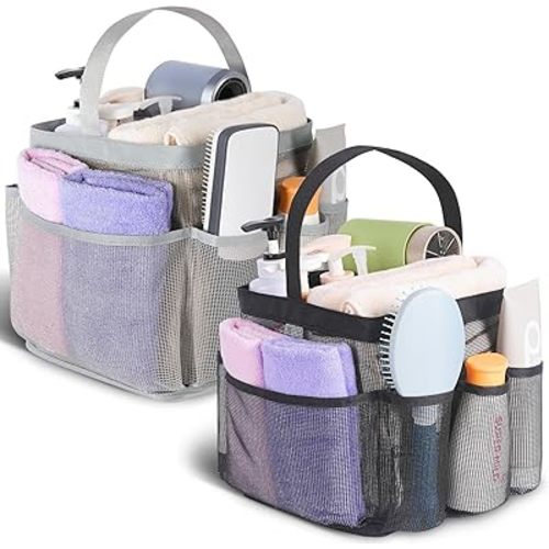 EUDELE 2 Pack Mesh Shower Caddy Portable for College Dorm Room Essentials, Shower Caddy Dorm with 8-Pocket Large Capacity,Shower Bag for Beach,Swimming,Gym All Black+All Grey