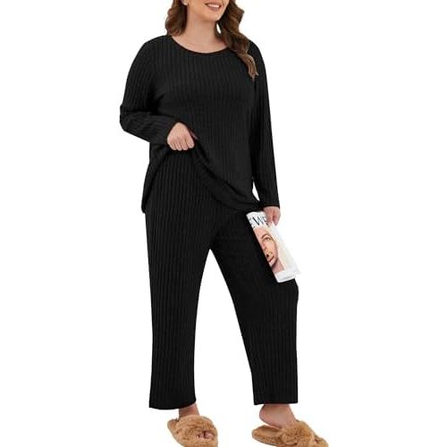 Womens Plus Size Lounge Pajamas 2 Piece Pj Sets Soft Long Sleeve Ribbed Tops Wide Leg Pants with Pockets