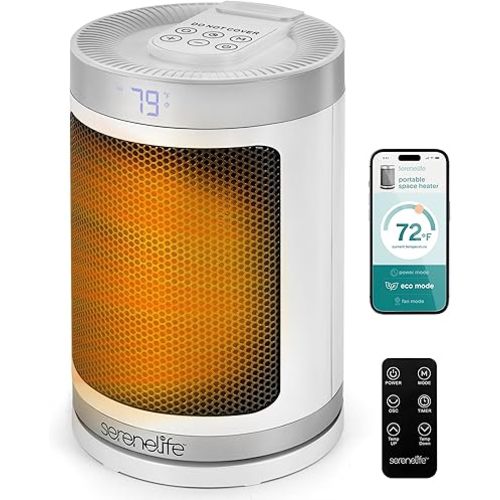 SereneLife Smart Space Heater – 1500W Indoor Electric Heater with Thermostat, Remote Control, 12-Hour Timer, Wi-Fi Enabled PTC Ceramic Heating for Home and Office, White (5.9" x 5.9" x 9.5")