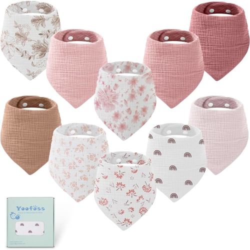 Yoofoss Muslin Baby Bibs 10 Pack 100% Organic Cotton 6-Layer Soft Absorbent Drool Bandana Baby Bibs for Drooling and Teething for Boys and Girls, Pink Flower