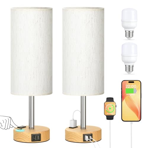 Touch Bedside Table Lamps Set - 3 Way Dimmable Bedroom Lamps Set of 2 with USB C & A Ports, Small Lamps for Nightstand with AC Outlet, Small Desk Lamp for Office, Dorm, Nursery - Dorm Room Essentials