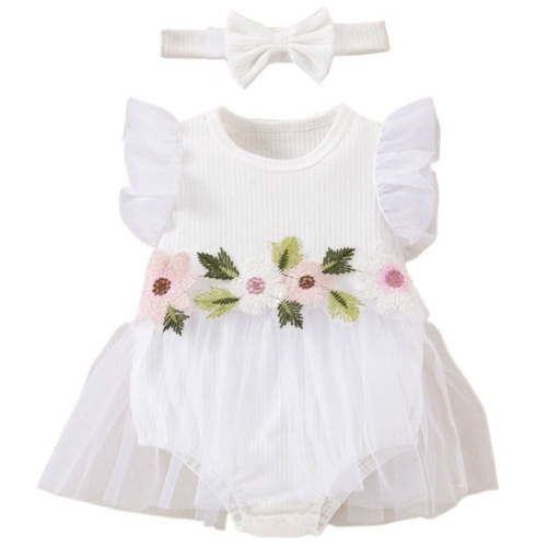 BENJAMJAM 0-2Y Mesh Puffy Skirt Cartoon Print Cap-Sleeve Onesie with Hair Accessories Set