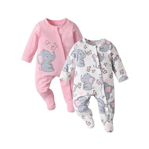 Kulcerry 2-Pack Newborn Baby Girl Footies Romper Cartoon Elephant Printed One-Piece Jumpsuit Clothes
