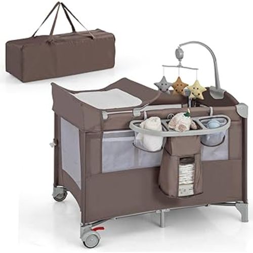 HONEY JOY Pack and Play with Bassinet, 5-in-1 Baby Bedside Sleeper w/Diaper Changing Table & Storage Bag, Toy Arch & Music Box, Detachable Side Rail, Portable Baby Play Yard w/Carry Bag(Coffee)