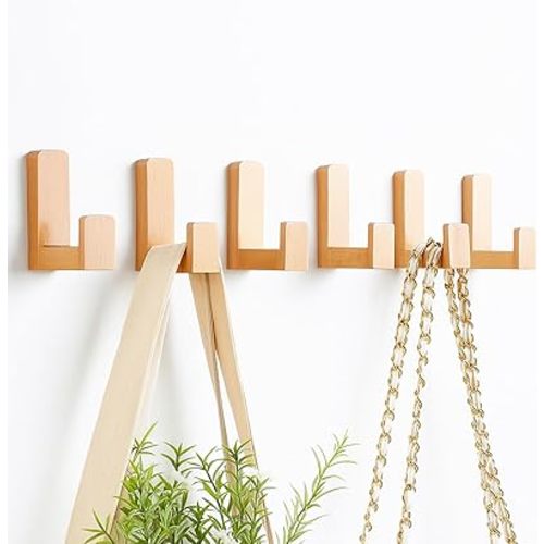 Teenyyou 6 Pack Cute Kids Coat Wall Hooks Wooden Adhesive Decorative Colorful Wall Mounted Hangers Backpack Hooks for Hanging Keys Towel Clothes Bathroom Organization(Wood Color,6 Pcs)