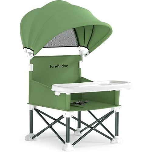 Portable Baby Booster Seat with Removable Tray & Canopy - 3 Point Safety Harness, Compact Fold for Travel, Indoor Outdoor Use for Infants & Toddlers, Green