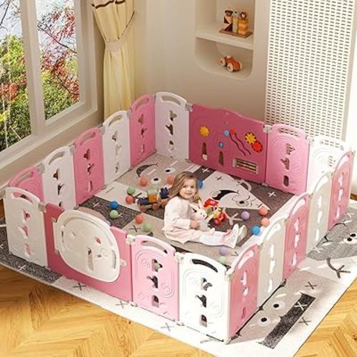 Baby Playpen, Foldable & Portable Play Yard for Babies and Toddlers, Easy Assemble 18 Panel Kids Fence Safety Activity Play Center with Lock, Home Indoor Outdoor, Pink White