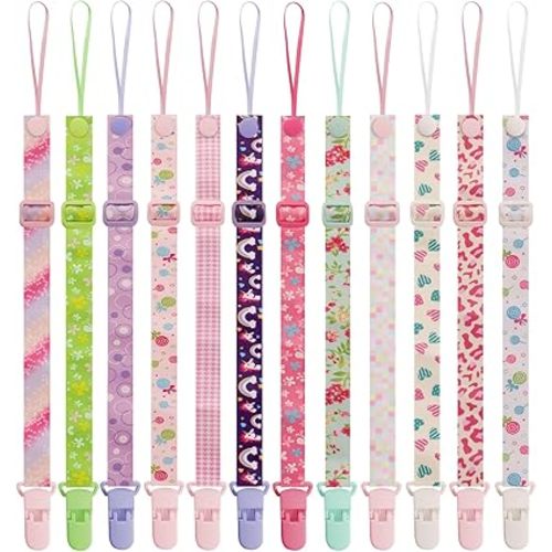 12 Pack Pacifier Clips with Adjustable Strap (32-46.5cm) - Premium Polyester Baby Pacifier Holder Set, Multi-Design Clips for Boys Girls （Multi Color A）