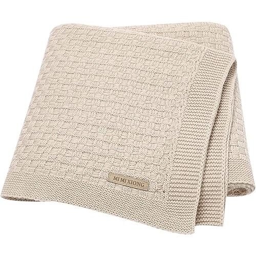 LAWKUL Knit Baby Blanket Cotton Cable Beige Receiving Swaddle Nursery Blankets Crochet Gender Blanket for Newborn Boy Girls