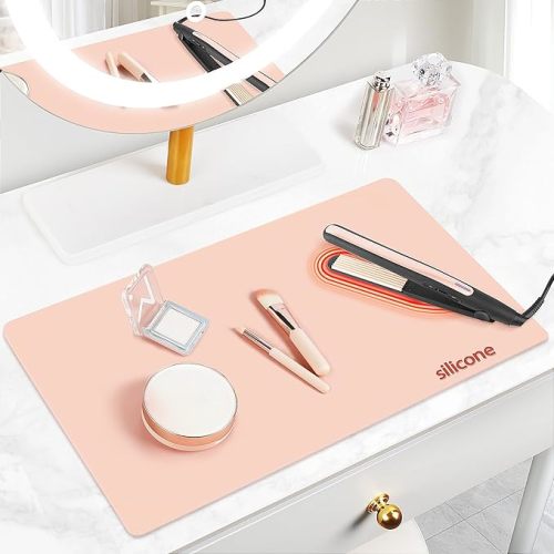 Silicone Makeup Mat for Vanity, 23.6" x 15.7" Heat Resistant Vanity Mat, Easy to Clean & Waterproof, Portable Makeup Accessories for Use While Traveling (Baby Pink)