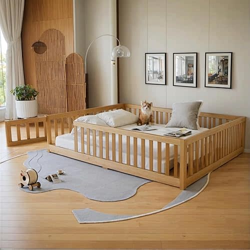 Full Size Floor Bed with Convertible Door & Wood Slats Support for Girls & Boys,Wood Montessori Bed Frame w/Guardrails & Close to The Floor for Kids,Natural