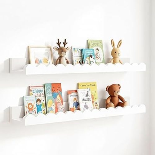 TourKing 2-Pack White Scalloped Floating Shelves, Nursery Book Shelves for Wall, for Kids Toddler Baby Room, Nursery Room Decor, Wall Storage