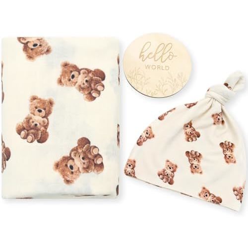 LifeTree Muslin Swaddle Blankets, Muslin Baby Swaddle Blanket and Hat Set with Birth Announcement Card, Newborn Unisex Receiving Blankets Bear Pattern