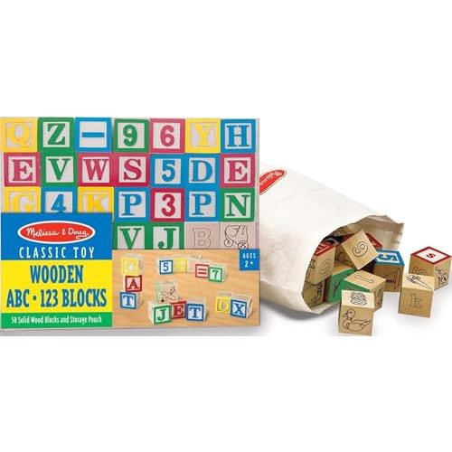 Melissa & Doug Deluxe Wooden ABC/123, 50-Piece Set of Classic Letter & Number Wooden Blocks (1” x 1”) with Storage Pouch, Sorting & Stacking Toys for Kids Ages 2+