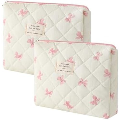 uekeboag Quilted Cotton Makeup Bag 2Pcs Coquette Cosmetic Bag,Large Soft Floral Travel Toiletry Bag for Women and Girls(07White Bow)