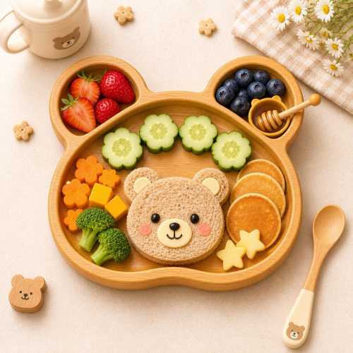 Bear Kids Bamboo Plate Toddler Snack Tray Cute Animal Baby Feeding Dish Montessori Wooden Dinner Plate
