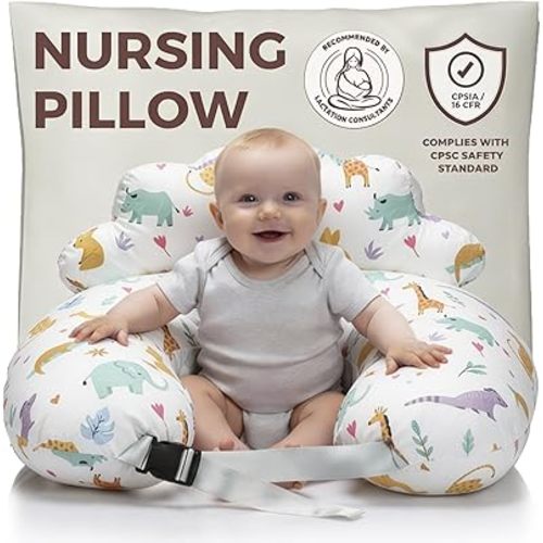 PILLANI Nursing Pillow for Breastfeeding, Breast Feeding Pillow with Security Fence for Enhanced Comfort, Baby Registry Search, Removable Cotton Cover, Adjustable Waist Strap, Newborn Pillow Supplies