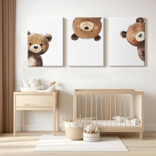 Bear Nursery Wall Art Decor Kids Canvas Poster Baby Boy Nursery Wall Decor Woodland Animal Pictures Teddy Peeking Bear Prints Cute Brown Painting Neutral Artwork Bedroom 16x24x3 Inch Ready to Hang