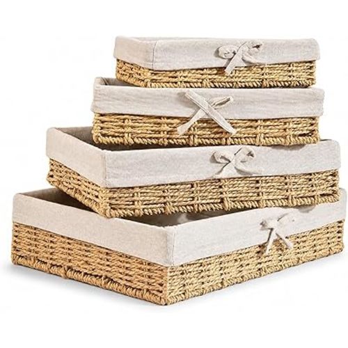 Baskets for Shelves Set of 4, Shallow Wicker Storage Baskets with Linen Liners, Decorative Woven Paper Rope Bins for Pantry, Bathroom, Closet, Bedroom Organization, Khaki