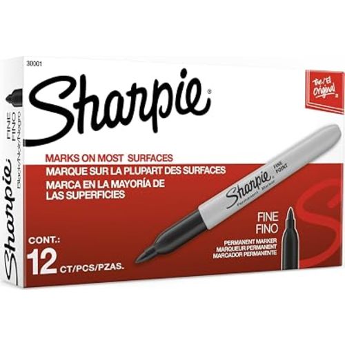 Sharpie Permanent Markers, Fine Tip, Black, 12 Count - Quick Drying, Fade Resistant, For Wood, Plastic, Paper, Metal, And More