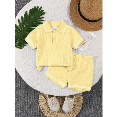 Bhchntiy 2pcs/Set Infant Boys' Summer Polo Shirt With Jacquard Pattern And Solid Color Shorts Casual Fashion Outfit | SHEIN USA