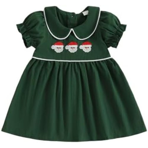 Toddler Baby Girl Christmas Outfit Santa Claus/Reindeer/Tree Embroidery Plaid Short Sleeve Smocked Dress Winter Holiday Dress