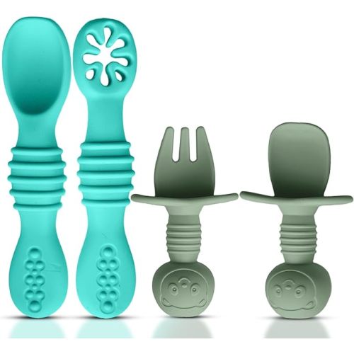 4pc Silicone Baby Spoons Self Feeding Baby Utensils 6-12 Months - 3 Baby Spoon - 1 Baby Fork - Toddler Cutlery Set - BPA Free, Dishwasher Safe - Baby Eating Essentials (Turquoise/Pickle)