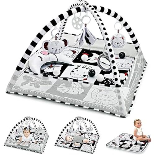 Baby Play Mat 8-in-1, Tummy Time Mat Black and White with Sensory Toys for Babies and Tummy Time Pillow Baby Play Gym Activity Mat for Newborn Infant Baby Play Mat for Floor Easy to Install
