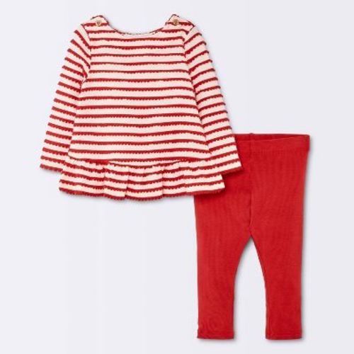 Baby Girls' 2pc Striped Scalloped Long Sleeve T-Shirt and Ribbed Leggings Set - Cloud Island™ Red 0-3M