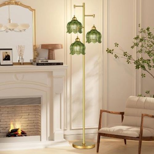 Angel Sar Gold Glass Floor Lamp, 3-Light Brass Tree Design, Green Flower Shade, Mid-Century Modern, 340¡ã Rotatable Arms, for Living Room/Bedroom