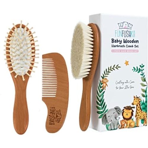 Baby Wooden Hair Brush and Comb Set for Newborn Toddler - Natural HairBrush with Soft Goat Bristle for Girl and Boy, Perfect for Cradle Cap (Oak)