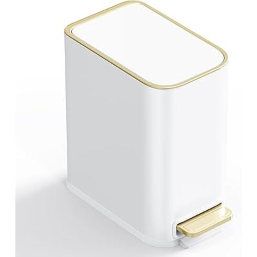 Small Bathroom Trash Can with Lid Soft Close, 5L / 1.3 Gallon Slim Garbage Can with Removable Inner Bucket, Step Stainless Steel Trash Bin for Office, Bathrooms, Bedroom, Living Room (White)