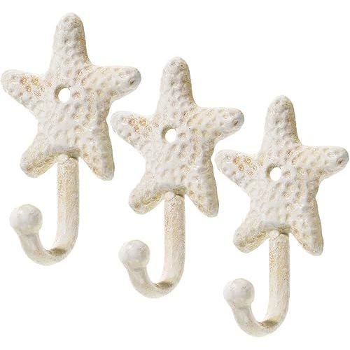 3pcs Decorative Hooks for Hanging, Cast Iron Star Fish Beach Themed Wall Hooks, Retro Coastal Wall Hanger Towel Holder for Bathrooms Kitchen Bedroom Hotel Pool Coats