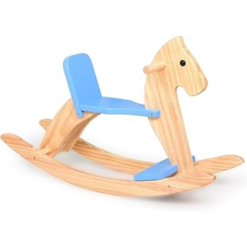 Wooden Rocking Horse Baby Ride On Toy for Toddler Rocking Horse Classic Design with Pedal and Safe backrest for Toddlers (Blue)