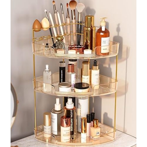 FELIZHOUSE 3-Tier Corner Bathroom Counter Organizer, Bathroom Countertop Shelf Makeup & Skincare Storage with Brush Holder for Vanity, Dresser, Kitchen - Amber