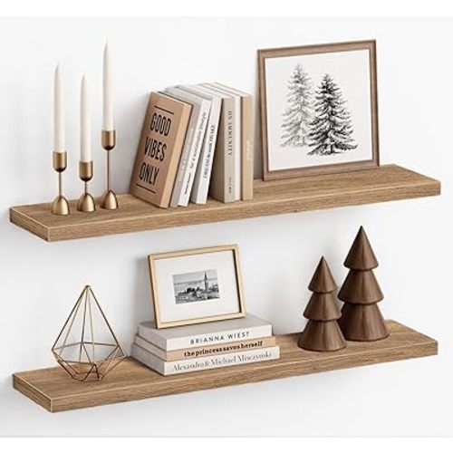 Light Wood Floating Shelves for Wall 36 Inch x 8 Deep, Extra Large Wall Shelf for Bedroom Living Room Books, Long Hanging Shelves for Office Bookshelf Art Decor (Light Brown Color, Set of 2)