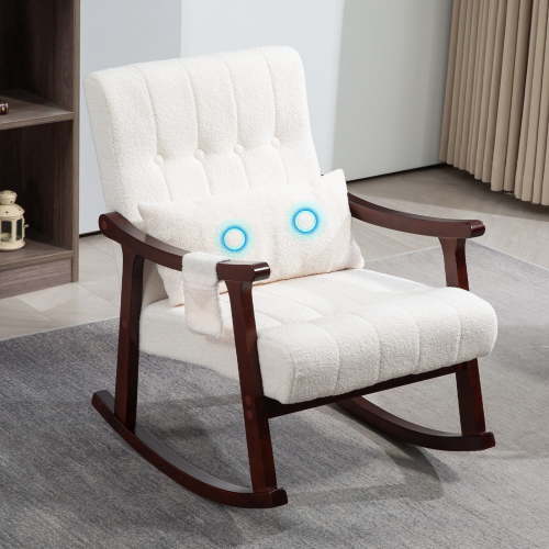 Upholstered Rocking Chair with Massage Lumbar Support,Glider Chair with Side Pocket, Nursery Rocker with High Backrest,Rubber Wood Legs, Rocking Accent Armchair for Living Room Bedroom Nursery