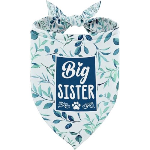 Dog Bandana Big Sister Pet Scarf - Leaf Printing Accessories for Gender Reveal - Green/Blue Floral Gift (E27)
