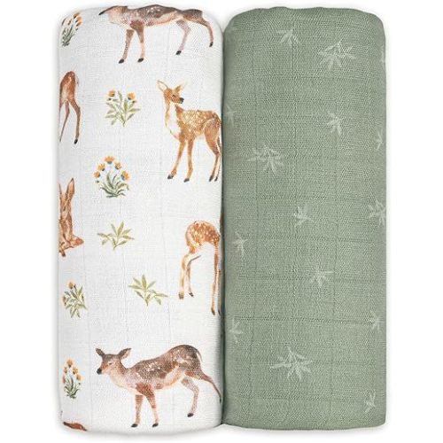 GLLQUEN BABY Muslin Swaddle Blankets Breathable Receiving Blankets (35" x 40") 2-Pack Soft Baby Blankets for Girls and Boys Newborn Essentials Muslin Burp Cloths Swaddle Wrap Baby Gift(Deerling)