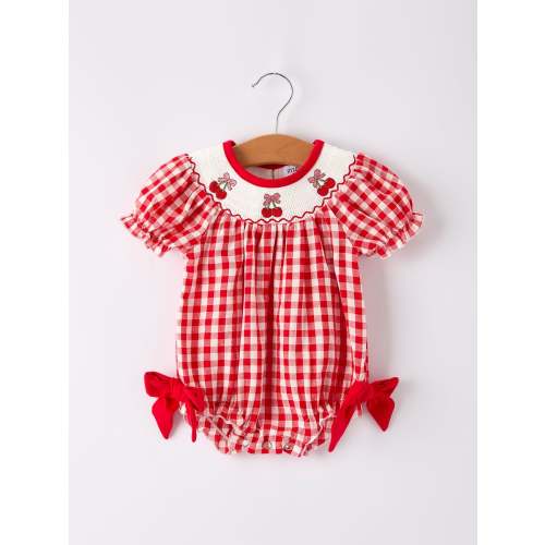 Red Cherry Bow Plaid Smocking Embroidery Girls' Romper