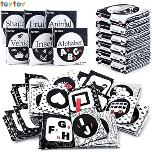 teytoy My First Soft Book, 6 PCS Nontoxic Fabric Cloth Activity Crinkle Black and White Books for Infants Boys and Girls Early Educational Toys Perfect for Baby Shower