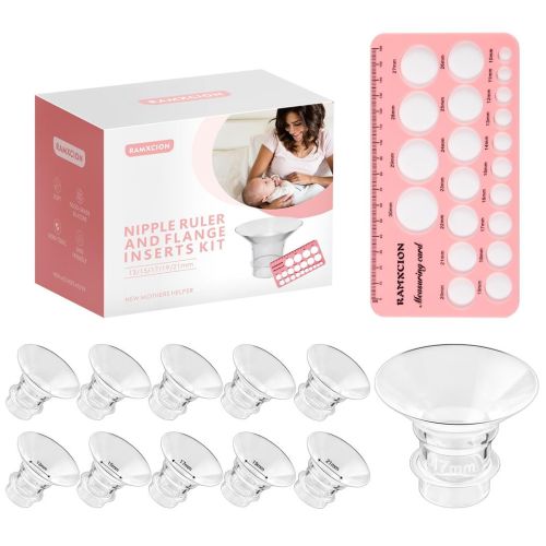 Flange Sizing Kit with 10PCS Flange Insert 13/15/17/19/21mm & Nipple Ruler,Flange Insert Silicone,Soft Flange Insert Kit for Breast Pump Replacement Compatible with Most Breast Pumps (Multicolor#002)