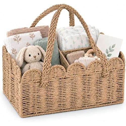 Large Baby Diaper Caddy, Brown Paper Rope Storage Basket with Handles, Portable Nursery Organizer with Removable Divider for Diapers, Wipes, Baby Essentials (Light Brown)