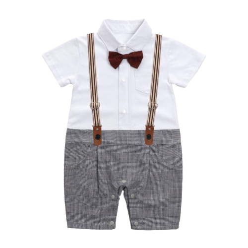 Baby Boys Bowtie Tuxedo Onesie Short Sleeve Jumpsuit Overall Romper For 3Months To 18Months Suits