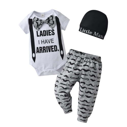 Newborn Infant Baby Boy Clothes Short Sleeve Letter Romper+Pants+Hat Outfits Set（White,0-3 Months)