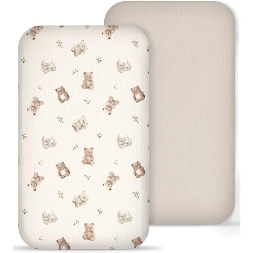 Muslin Bedside Bassinet Sheets 2 Pack, 33x20 Fitted Ultra Soft & Breathable Bedside Sleeper Sheets, Ideal for Baby Girl and Boy, Perfect for Newborns (Teddy & Friends)