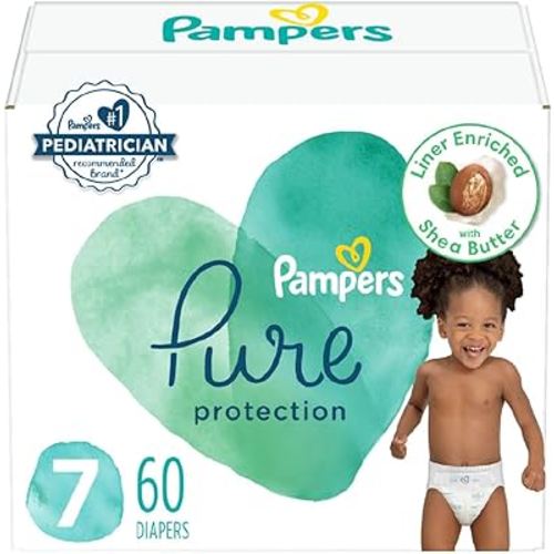 Pampers Baby Diapers - Pure Protection - Size 7, 60 Count, for up to 100% Leakproof, Premium Plant-based Skin Protection