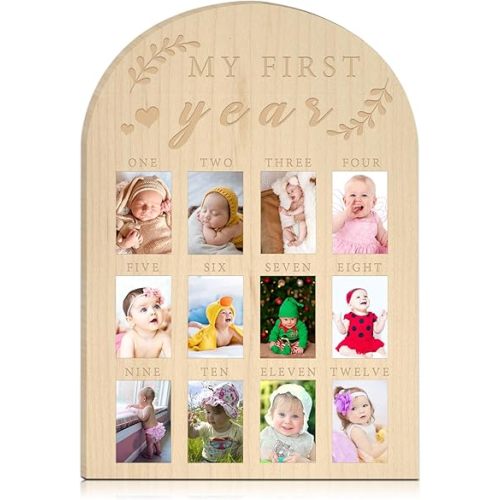 My First Year Photo Display Wood Board Baby's First Year Photo Frame Milestone Board 12 Months Baby Picture Frame 1st Birthday Nursery Decorations for Boy Girl Baby Keepsake Gift for Mom (2" x 3" photos - Wallet Size)