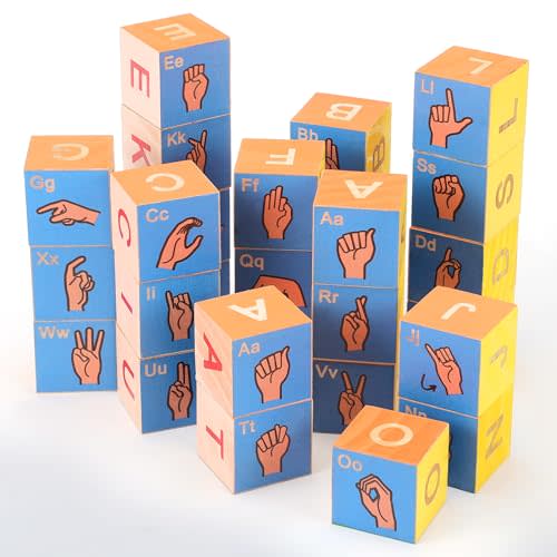 Yousoontic 28 Pcs American Sign Language Alphabet Blocks ASL Wooden Cube Blocks ASL Gifts for Sign Language Learning Hearing Impaired and Speech Therapists